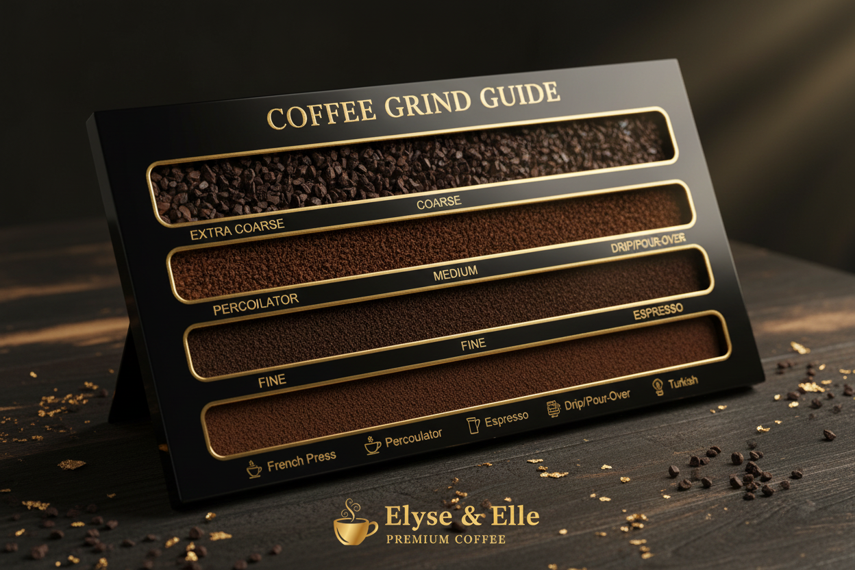Coffee grind size chart showing different grind textures from extra coarse to extra fine for various brewing methods including French press, pour over, espresso, and cold brew