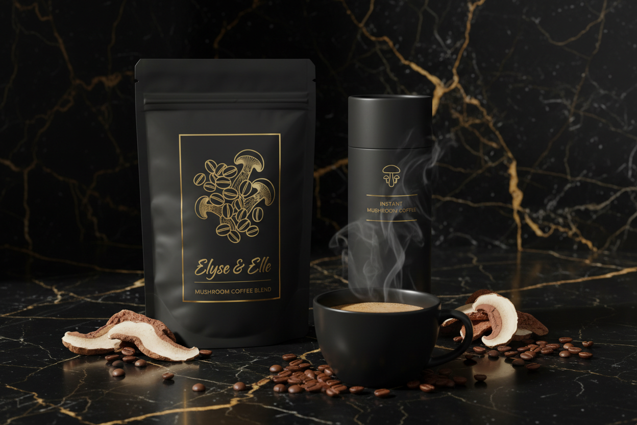 Elyse & Elle mushroom coffee products - Elevate ground blend and Mt. Siyeh instant coffee - premium mushroom coffee alternative with fresh-roasted quality and functional mushroom benefits