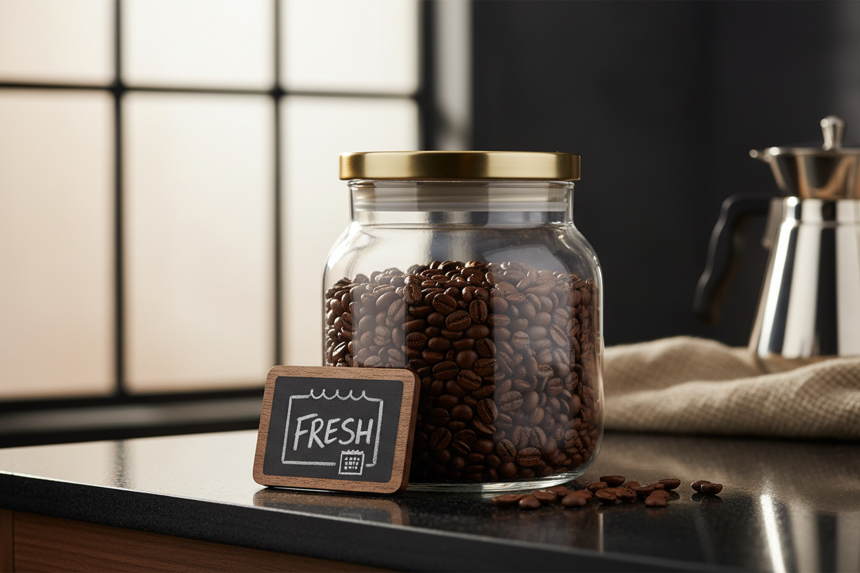 Fresh whole coffee beans in airtight storage container showing proper coffee storage to prevent expiration and maintain freshness