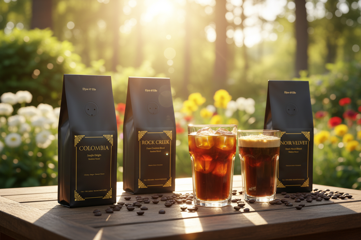 Best coffee for cold brew and iced coffee - premium single origin and blend coffee bags with cold brew concentrate and iced coffee in outdoor summer setting